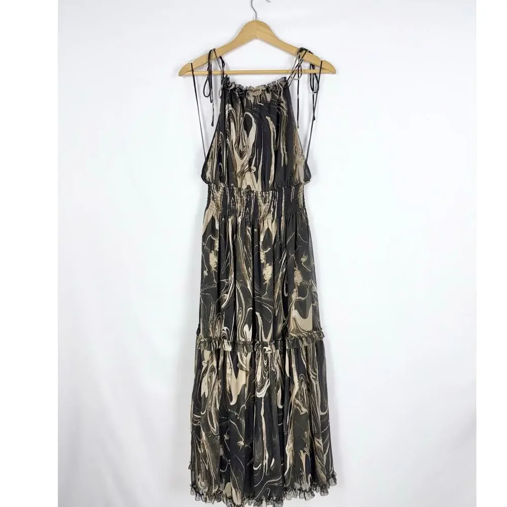 Banana Republic Marbled Halter Smocked Waist Maxi Dress Women's Small Black Tan